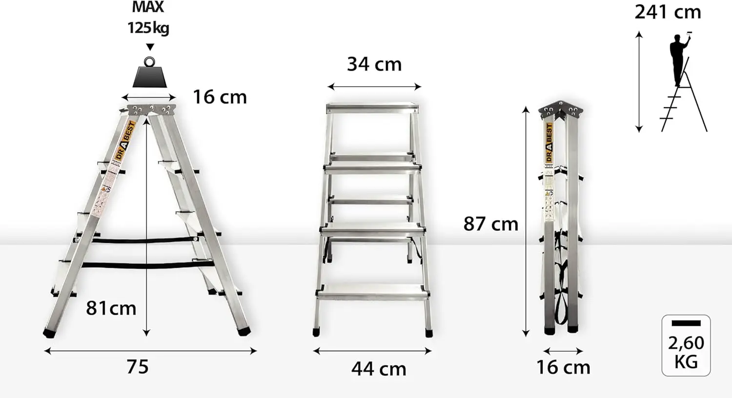 Doméstica Aluminio Doble Cara 4 Peldaños Capacidad 125kg - Escalera Tijera con Plataforma de Trabajo - Escaleras