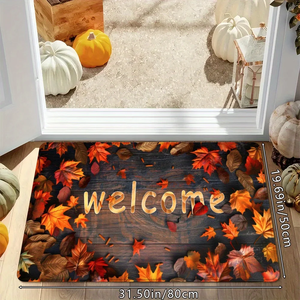 Autumn Welcome Non-Slip Doormat Wood Grain Maple Leaf Area Rug for Entryway Kitchen Bathroom Hallway Fall Thanksgiving Decor