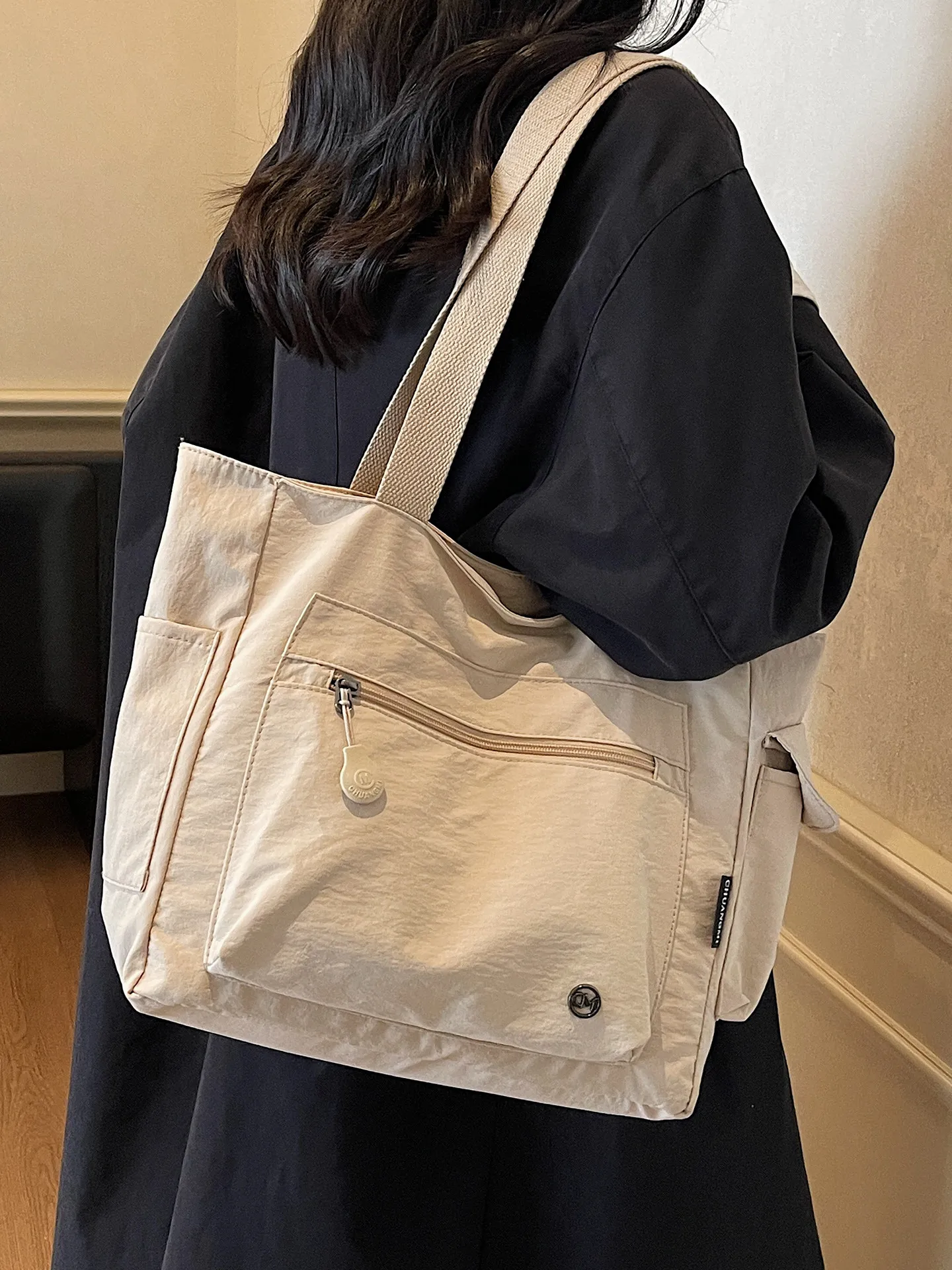 gp-traio-casual-large-capacity-women's-tote-bag-commuter-handbag-soft-square-shape-foldable-dual-shoulder-strap-canvas-material