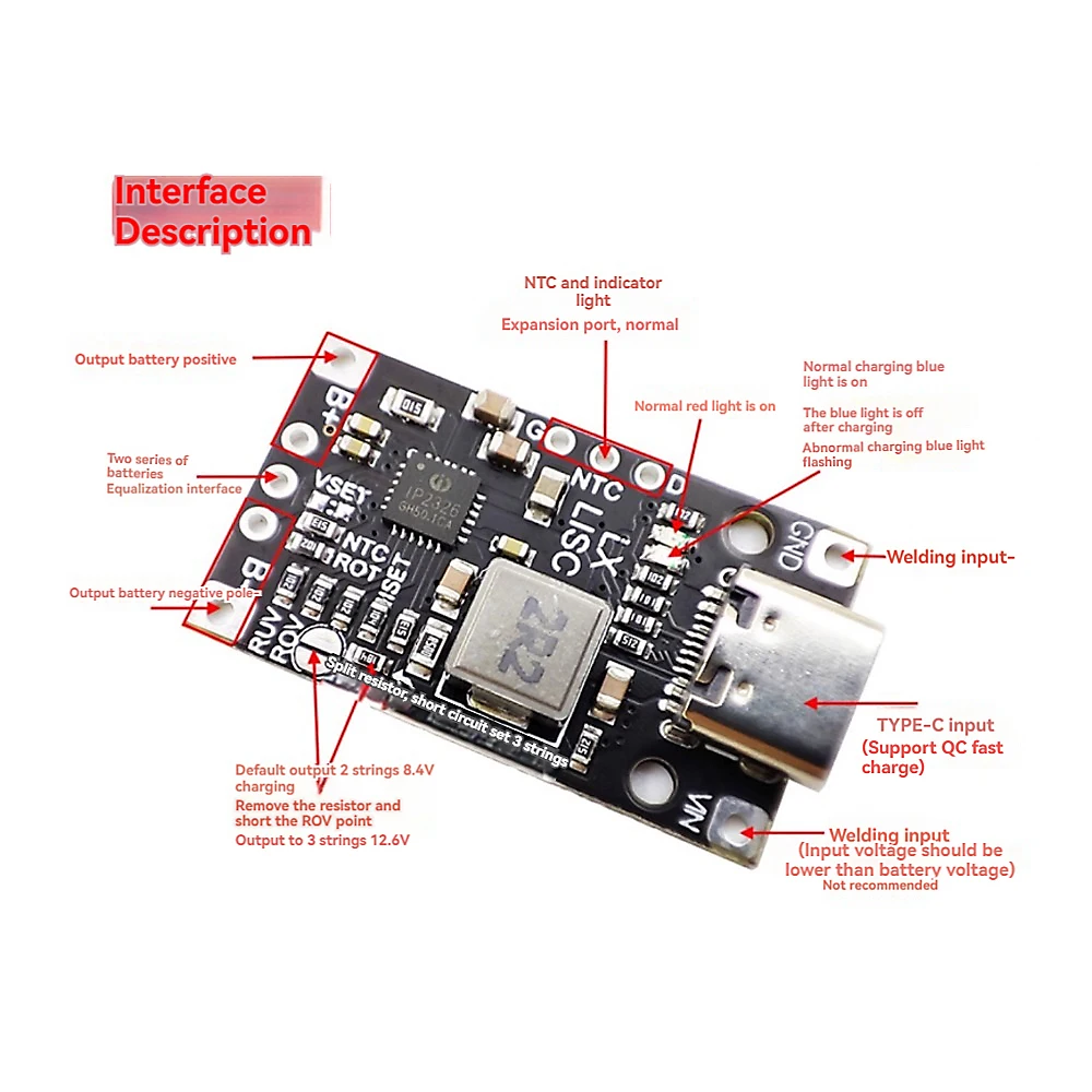 Type-C USB 15W 8.4V 12.6V 1.5A 2S BMS  Lithium Battery Charging Boost Module With Balanced Support Fast Charge With Indicator