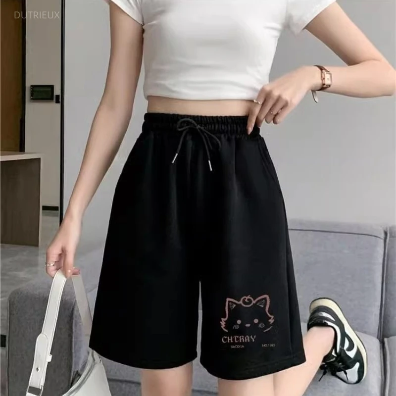 Korean Fashion Summer Outdoor Casual Commuter Shorts Y2k Cute Print Seterch Waist Lace Up Knee-length Pants Punk All Match Short