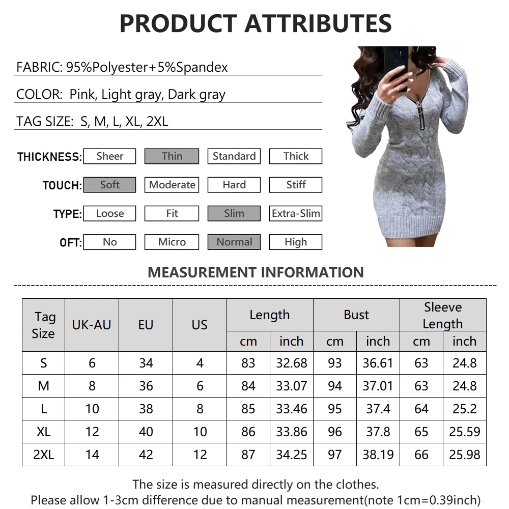 Women Sexy Slim Fit Knitted Sweater Dress Spring New V-neck Zip Long Sleeve Pullover Jumper Solid Casual Lady Mini Party Dresses