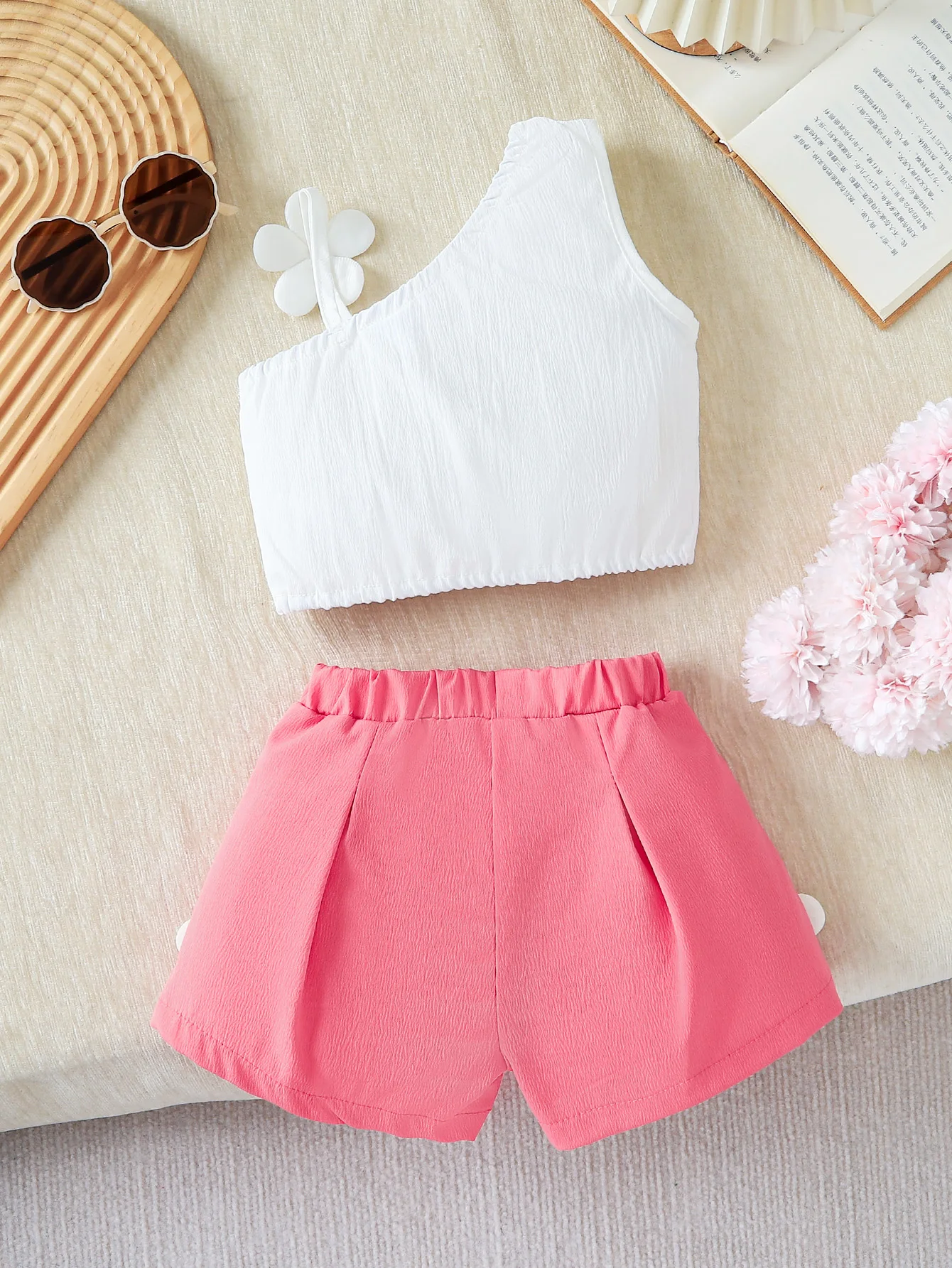 2pcs Summer Girls Asymmetrical One Shoulder Set, 3D Flower Decor Crop Top + Pink Shorts, Sweet Cool Style, Daily Wear/Vacation/B