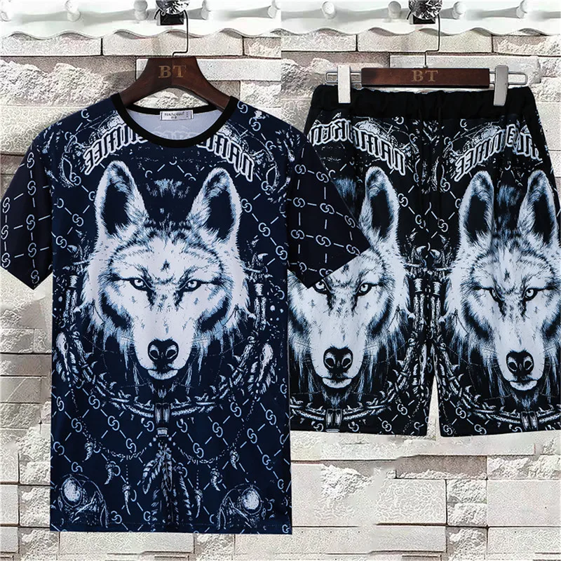 New Summer Men's Beach Shorts Set 3D Wolf Girl Print Short Sleeve T-shirts+Shorts 2 Pcs Set Oversized Streetwear Tracksuit Suits