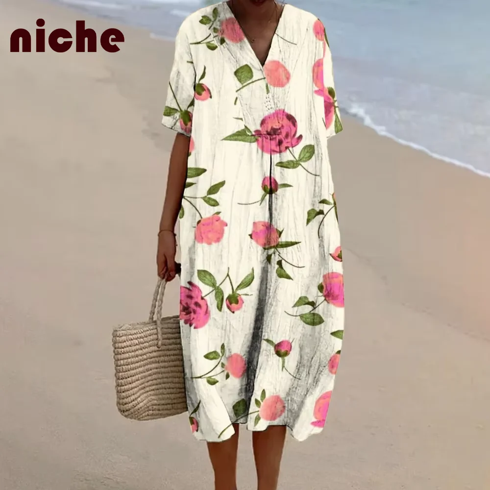 Ladies Beach Skirt High Quality Cotton And Linen Retro Flower Graphic Printing Loose V-Neck Fashion Trend New Long Skirt