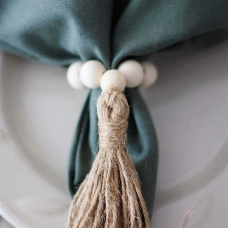 天然ホワイトタッセル、木製ビーズ、手作りナプキンバックル、農家タッセル