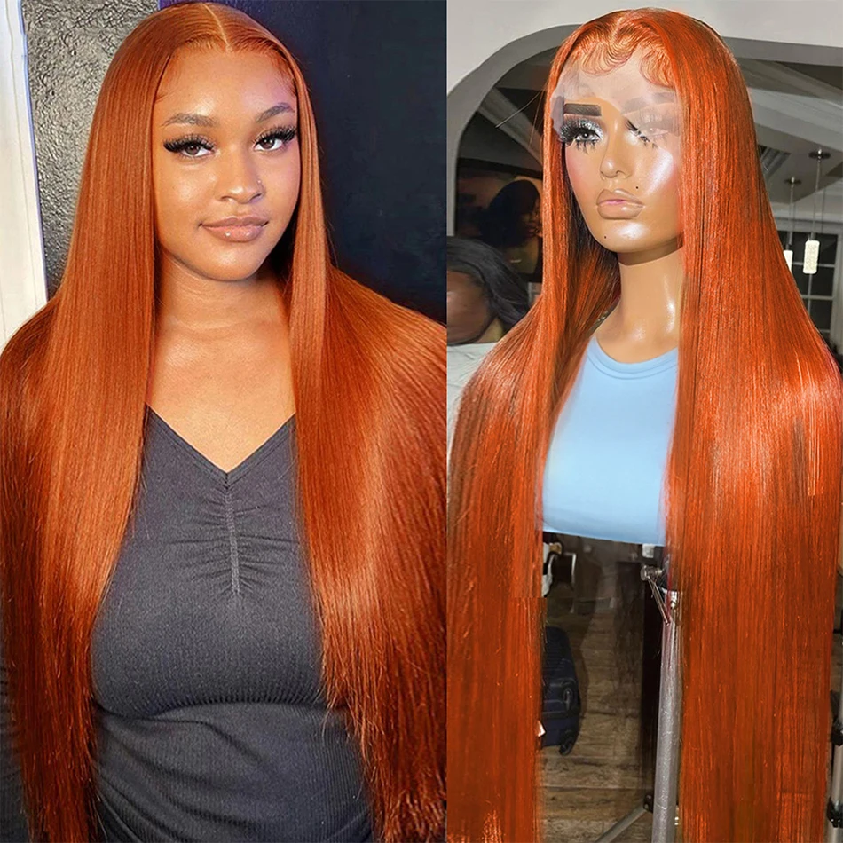 Perruque Lace Front Wig sans colle naturelle, cheveux lisses, orange, 13x4, 13x6, HD, 4x4, pour femmes