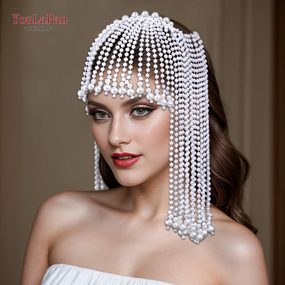 YouLaPan Long Fringe Pearl Bride Headpieces Hair Chain Personality Stage Show Hair Accessories Handmade Wedding Headband HP751