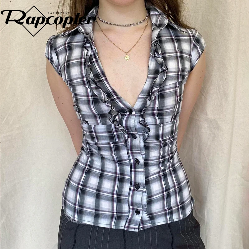 Rapcopter y2k Plaid Striped T Shirt Ruffles Single-Breasted Crop Top Women Vintage Turn Down Collar Harajuku Prepply Tee Summer