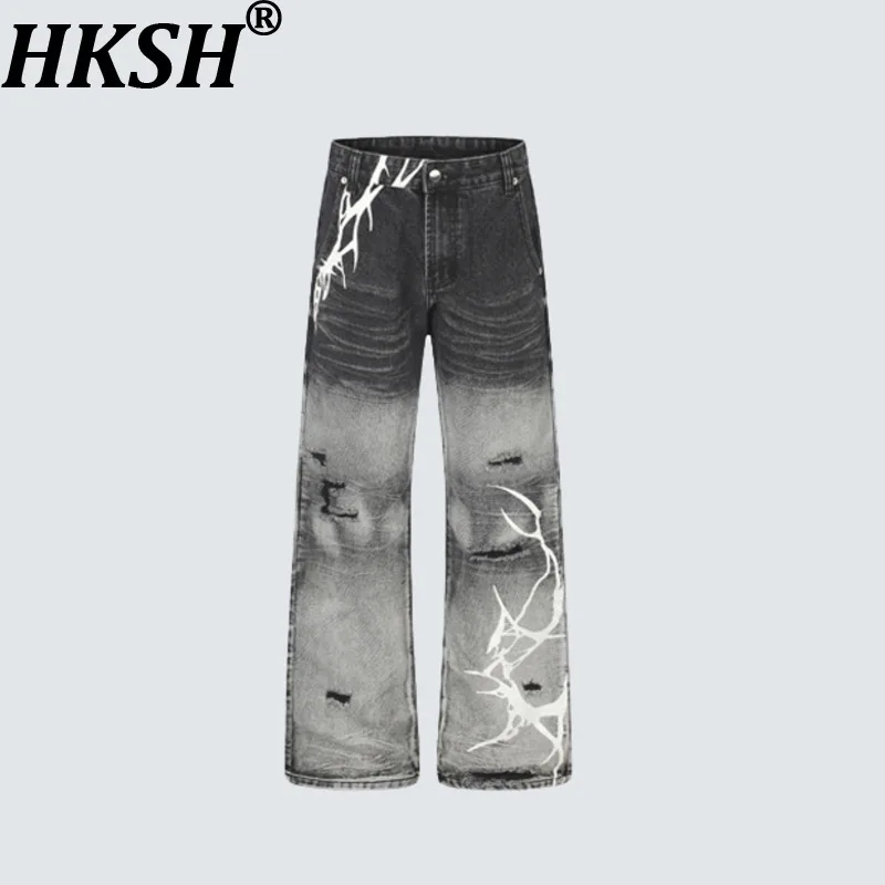 HKSH Spring Autumn New Men Tide Chic Ins Dark Punk American High Street Jeans Print Gradient Wide-Leg Ruched Denim Pants HK28913