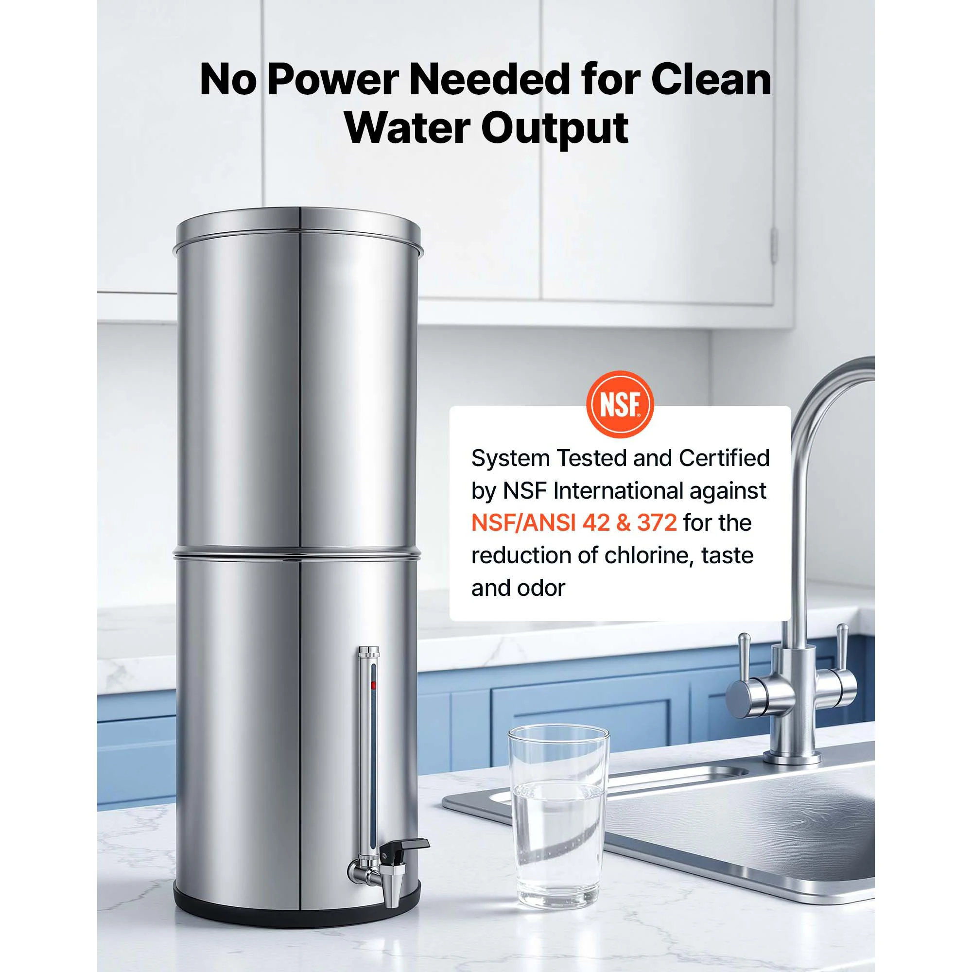 Gravity-fed Water Filter System, 3.25G 304 Stainless-Steel Countertop Water Filtration System, Reduces Lead and up to 99% of Chlorine, Featuring 2 Carbon Filters, Water Level Spigot