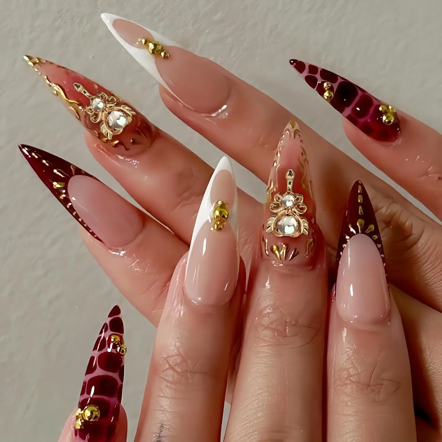 

Almond Press on Nails Long French Red Fake Nails with Rhinestones Gold Charm for Women 24pcs