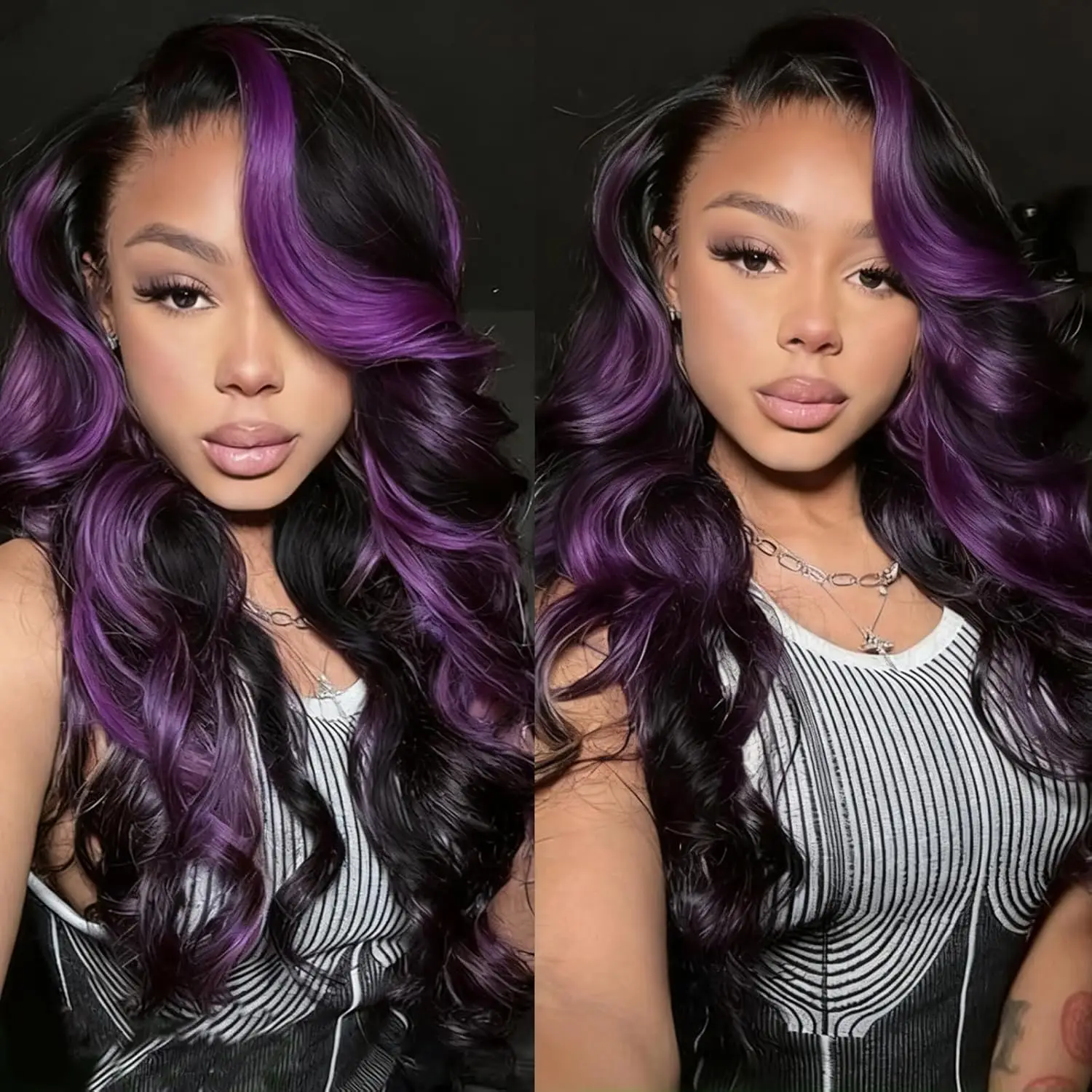 

Body Wave 13x4 Lace Frontal Black and Purple Lace Front Wigs 13x6 Highlight Purple Ombre Human Hair Wigs for Women 220% Density