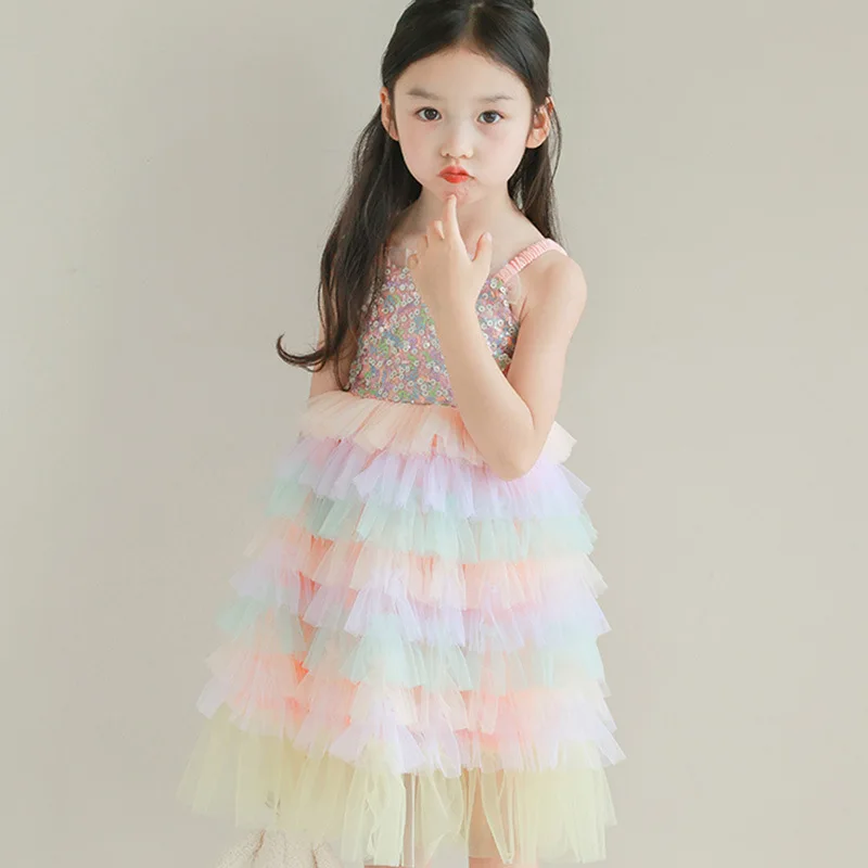 

Baby Girl Dress Girls Sequin Rainbow Slip Dress 2024 Summer New Relaxed Comfortable Girls Western Style Princess Gauze Dresses