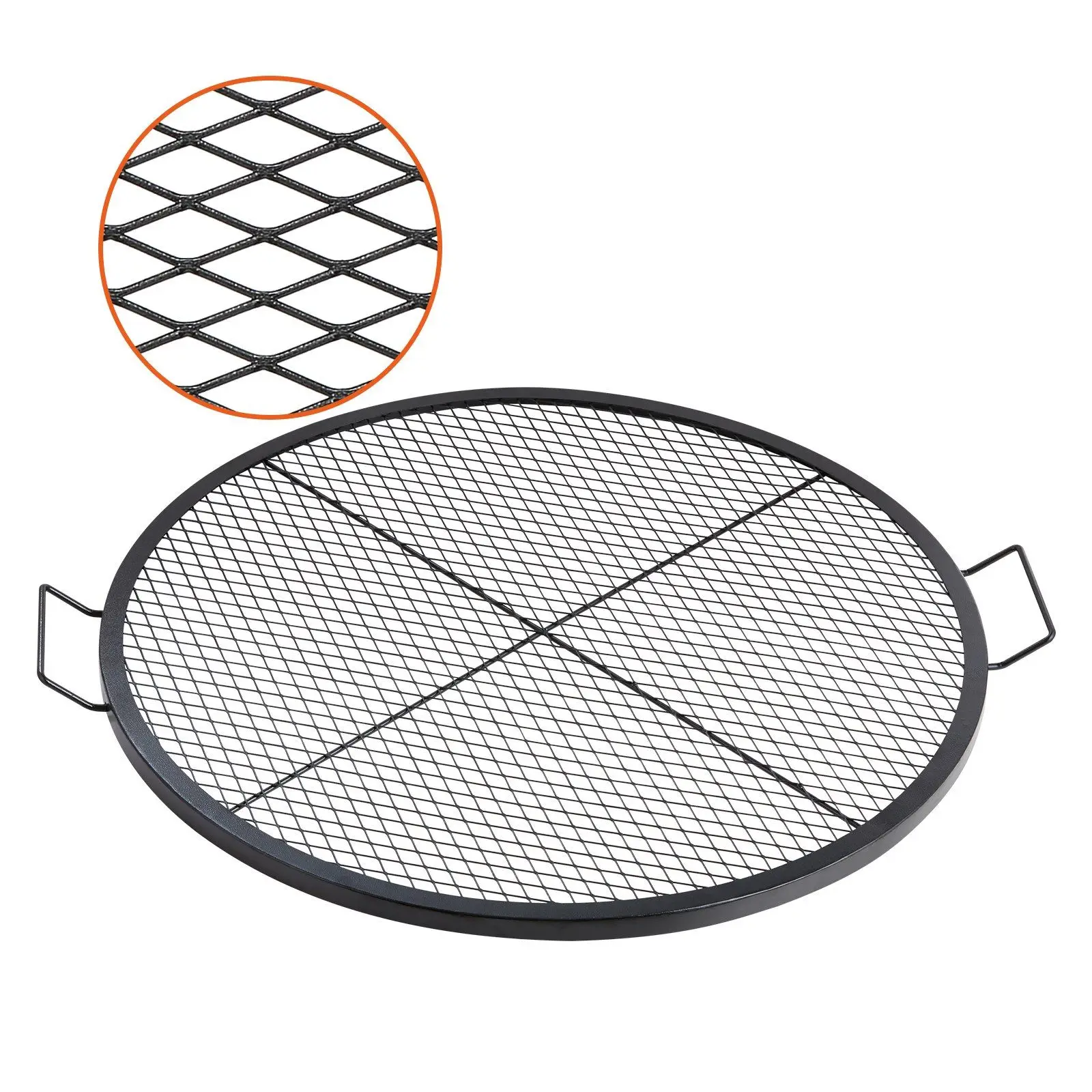 

X-Marks Fire Pit Grill Grate, Round Cooking Grate, Heavy Duty Steel Campfire BBQ Grill Grid with Handle and Support X Wire