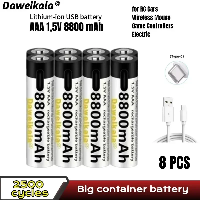 2025 nouvelle batterie USB-C 1.5V AAA batterie Li-ion à charge rapide 8800mAh pour télécommande souris batterie jouet électrique + câble type-c