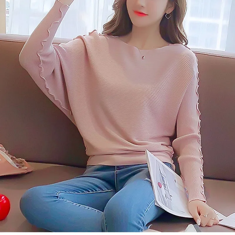 

Women Knitted Pullover Tops Fashion Batwing Sleeve Ladies Autumn O-Neck Jumper Solid Casual Korea Pullovers and Sweaters Female