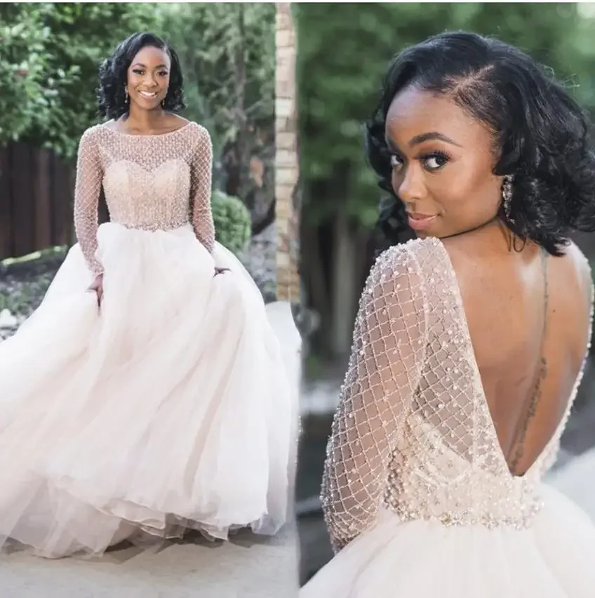 

Customized African Backless Wedding Dresses A Line Long Sleeves Pearls Beads Puffy Bridal Formal Dress Garden Country Bridal Go