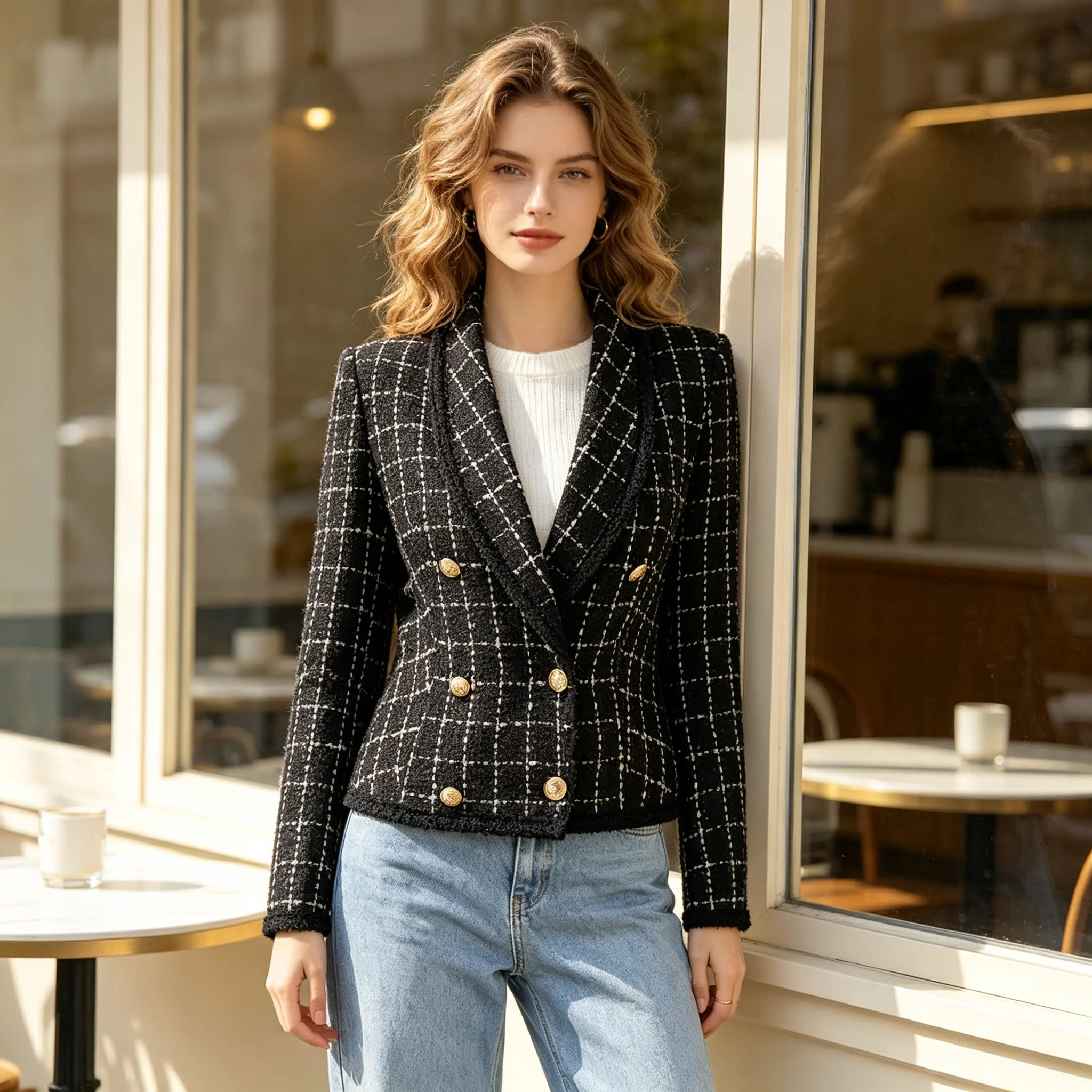 Elegant French Tweed Suit Jacket For Women Black Grid Pattern Double Breasted Gold Button Slim Business Blazer Coat