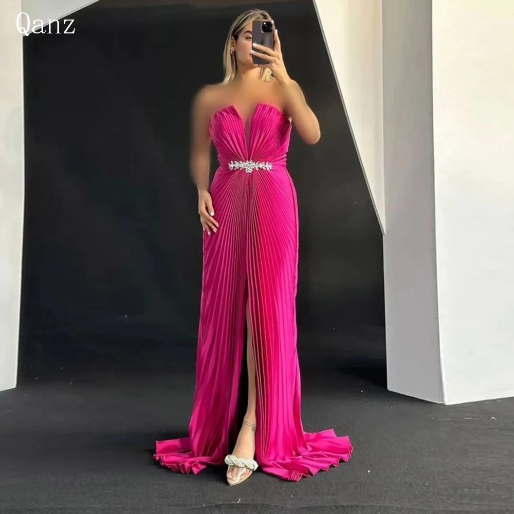 

Qanz Fuchsia Satin Mermaid Prom Dresses Leg Slit Strapless Pleat Vestidos De Gala Crystals Vestidos Para Eventos Especiales 2023