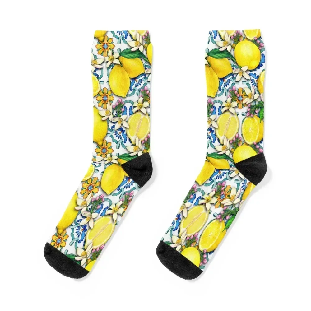 Bright Mediterranean Sicilian Tiles with Citrus Lemons Socks Lots with print Socks Woman Men's