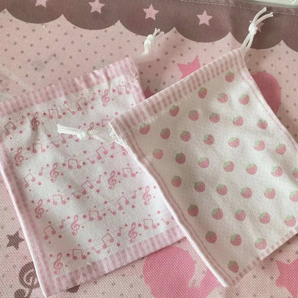 

New Strawberry Musical Note Drawstring Bag Canvas Portable Coin Purse Large Capacity Gift Makeup Storage Pouch