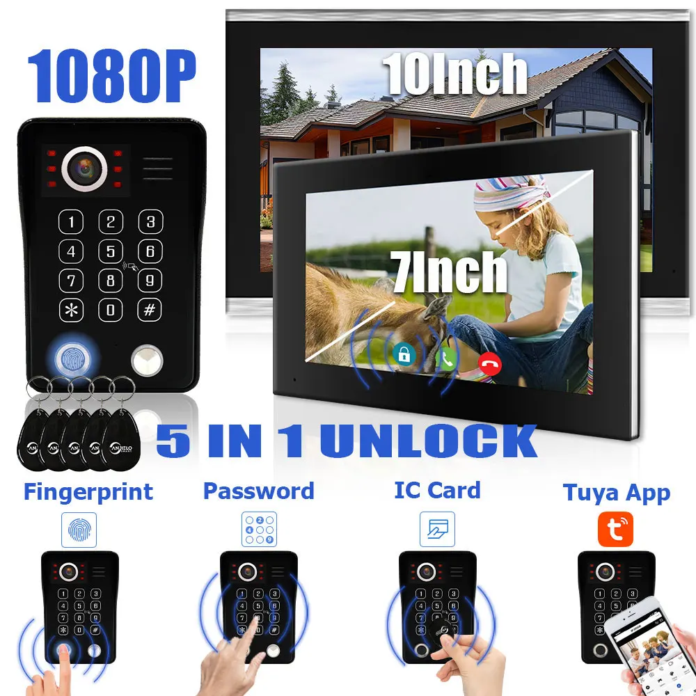 Fingerprint 5 in 1 Unlock Doorbell Video Intercom for Home 10 inch Touch Screen 1080P Tuya Smart  Video Doorphone wiht 4 Monitor