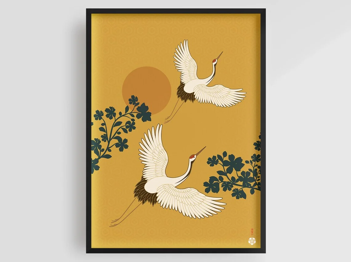 Cielo Amarillo y Grúas |   Arte Mural Japonés Vintage |   Ilustración de grulla |   Arte Mural Japonés en Amarillo y Dorado |   Japandi |   Flying Bi