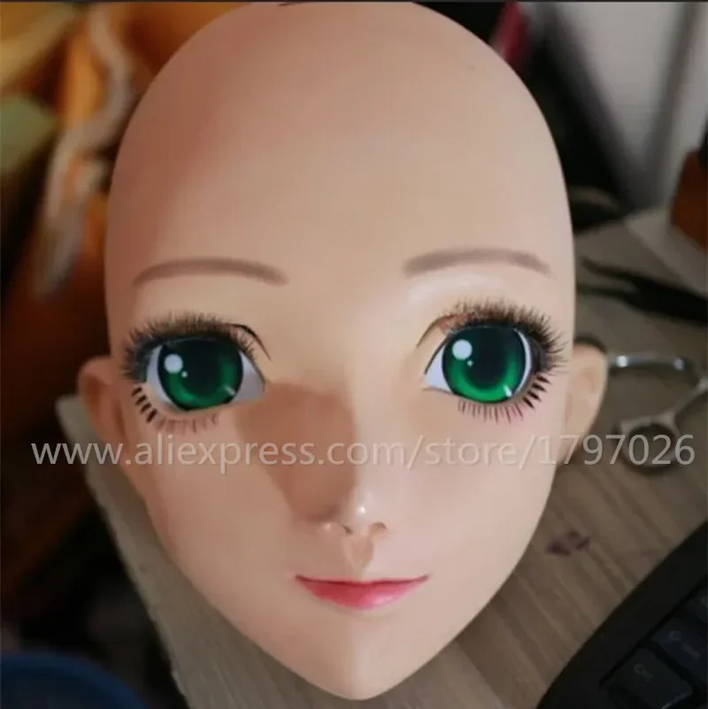 

Anime Kigurumi Face Cartoon Cosplay Silicone Half Head Mask Green Eyes High Quality Japanese Anime Role Kigurumi Masks Handemade