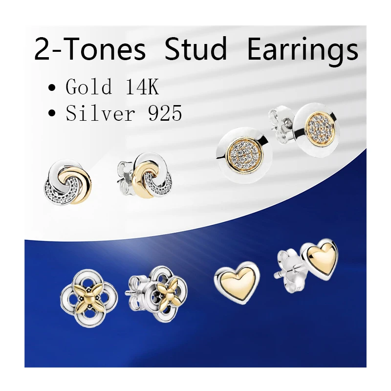 

Two Tones Ear Piercing Stud Earrings For Women 585 Gold 14K 925 Sterling Silver Fine Jewelry Zircon Stones Circles Hearts Flower