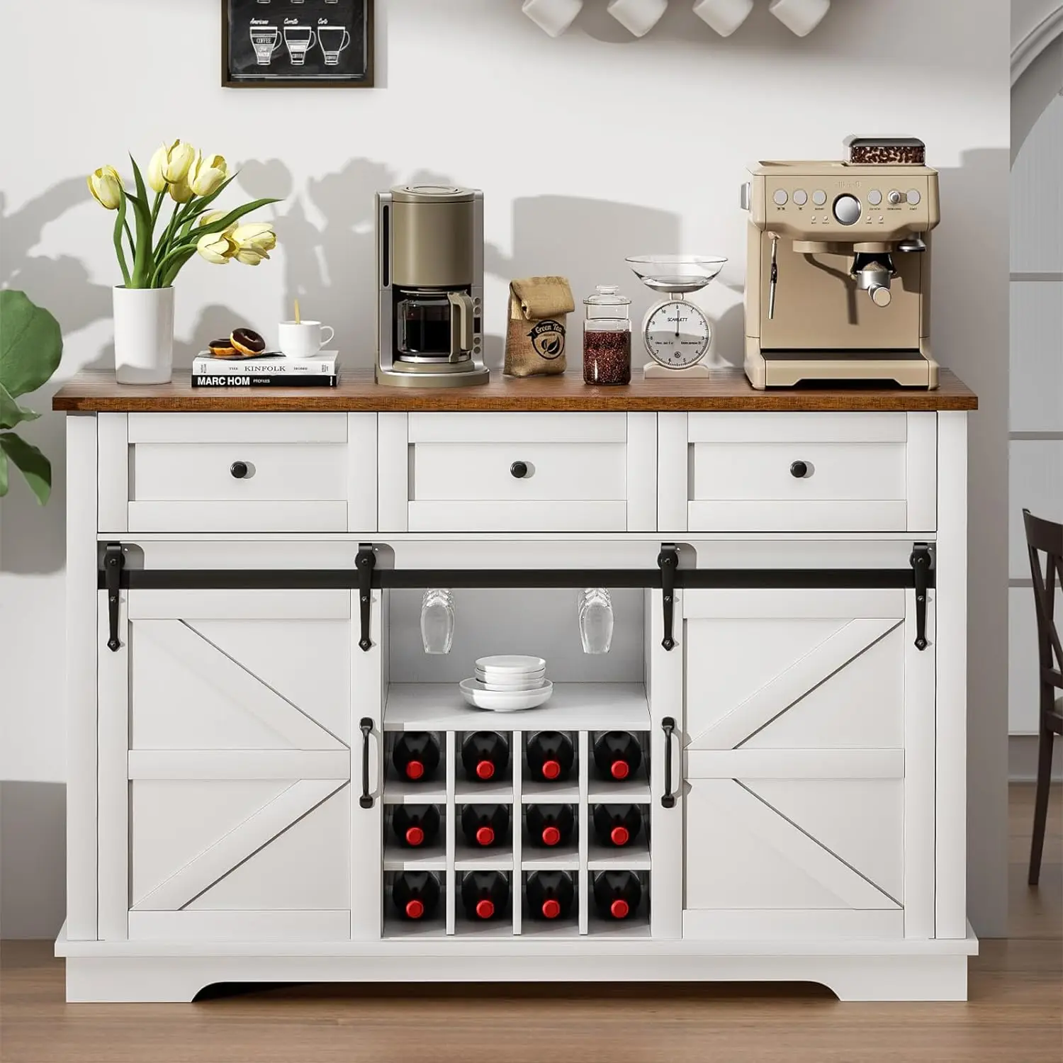 Bauernhaus Küche Seitentisch Buffet Schrank Kaffee Bar Ablageschrank Mit Schiebetüren Und Weingebett Für Esszimmer
