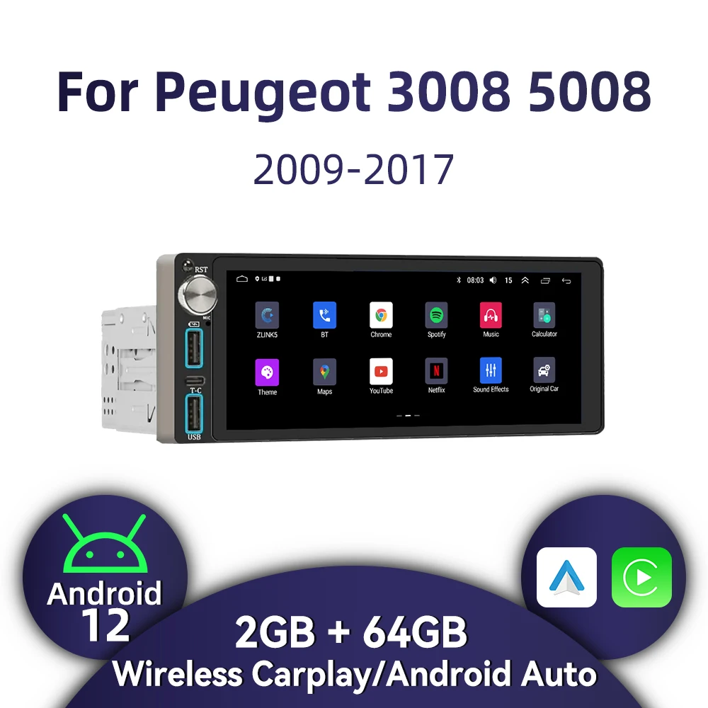 

Автомагнитола Carplay для Peugeot, мультимедийный стерео-плеер на Android, экран 6,86 дюйма, 1 Din, с GPS, для Peugeot 3008, 5008, 2009-2017