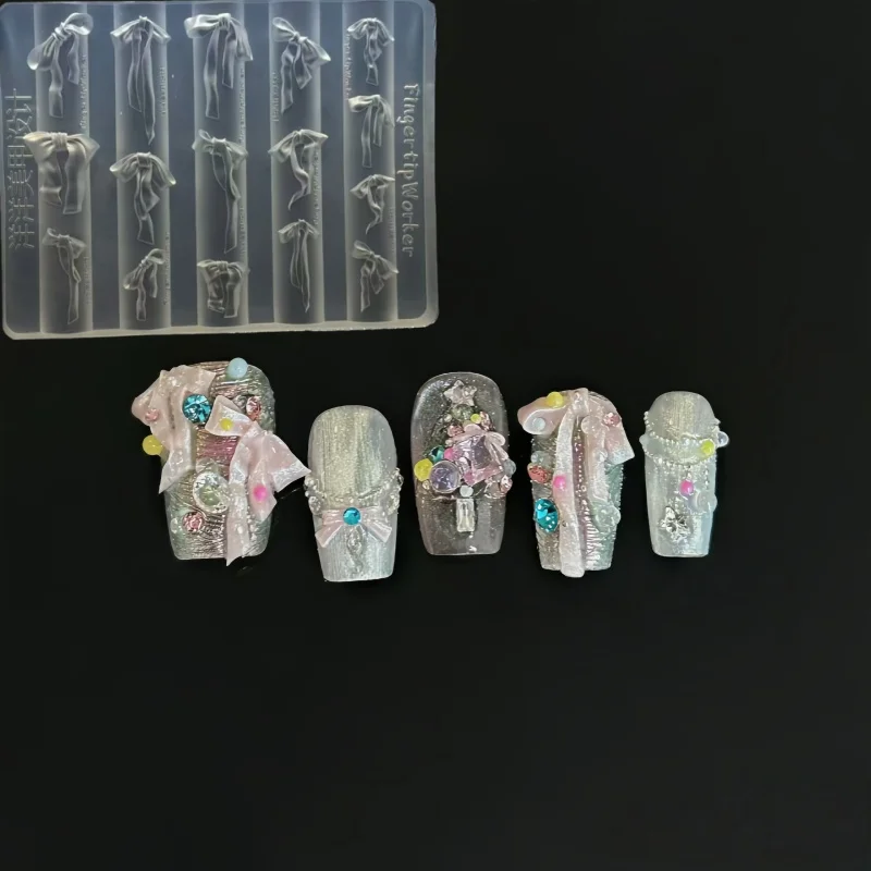 قالب فني للأظافر مع قوس شريطي، قوس شريطي أنيق، مجوهرات ثلاثية الأبعاد، قالب فني أظافر من السيليكون #1