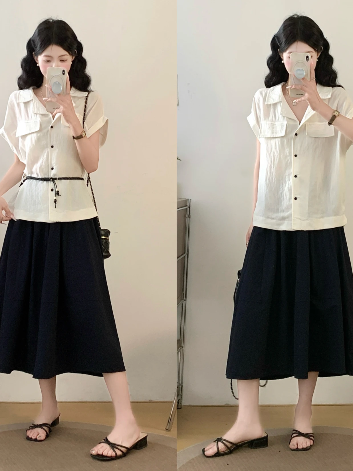 

plus Size Shirt And Skirt Set Women's V-Neck Slim Fit Shoulder Length Sleeve Mid-Length A-Line Skirt Fashionable Office Wear