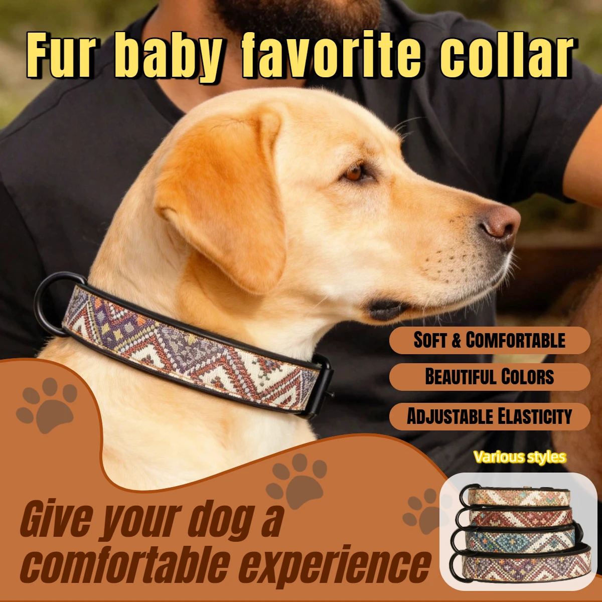 Soft Lining Retro Print Pet Dog Collar Double Protection Comfort Neck Collar Adjustable Buckle D-ring For French Bulldog Pug Cor