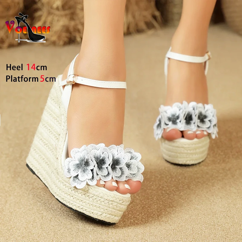 Women Sexy Wedge Sandals with Flower Sexy 14cm Fashion Simple Slope Heel Waterproof Platform Hemp rope woven bottom Car Sandals