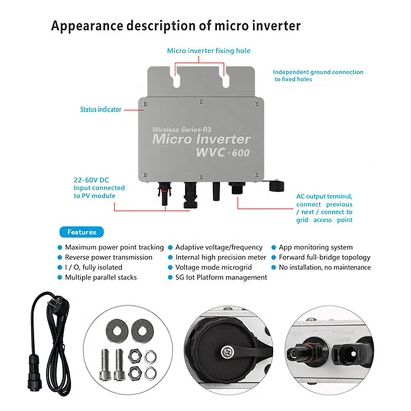 Impermeabile Solar Grid Tie Microinverter Wireless WIFI su Micro Inverter WVC-600 micro inverter 600w