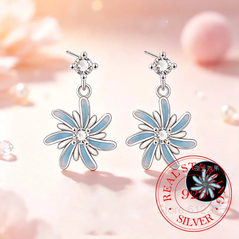 925 Sterling Silver Jewelry Luxury Crystal Blue Firework Tassel Stud Earrings for Women Wedding Party Jewelry Girls Friends Gift
