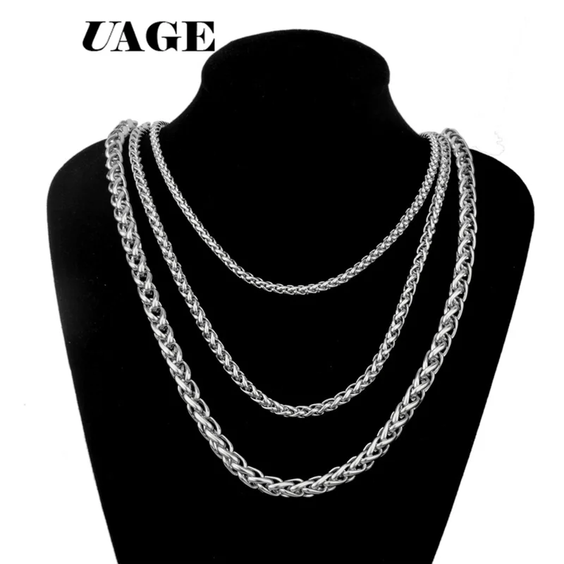 UAGE 3mm/4mm/5mm/6mm Width 316L Stainless Steel Men Boy Spiga Plait Necklace Chain Silver Color