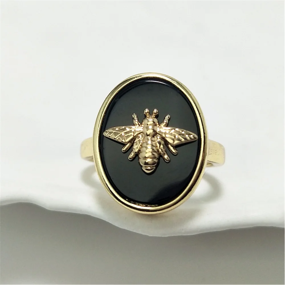 Hot 1Pcs Natural Stone Bee Ring, Golden Plated Oval Rose Quartz&Amazonite Adjustable Ring, Ideal Valentine\'s Day Gift RG103