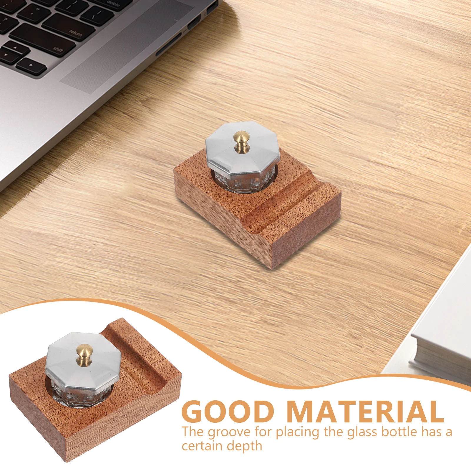 

Desk Pen Stand with Inkwell Wooden Tilting Calligraphy Brush Holder Container Oblique Nib Holder Rest for Home Office Supplies