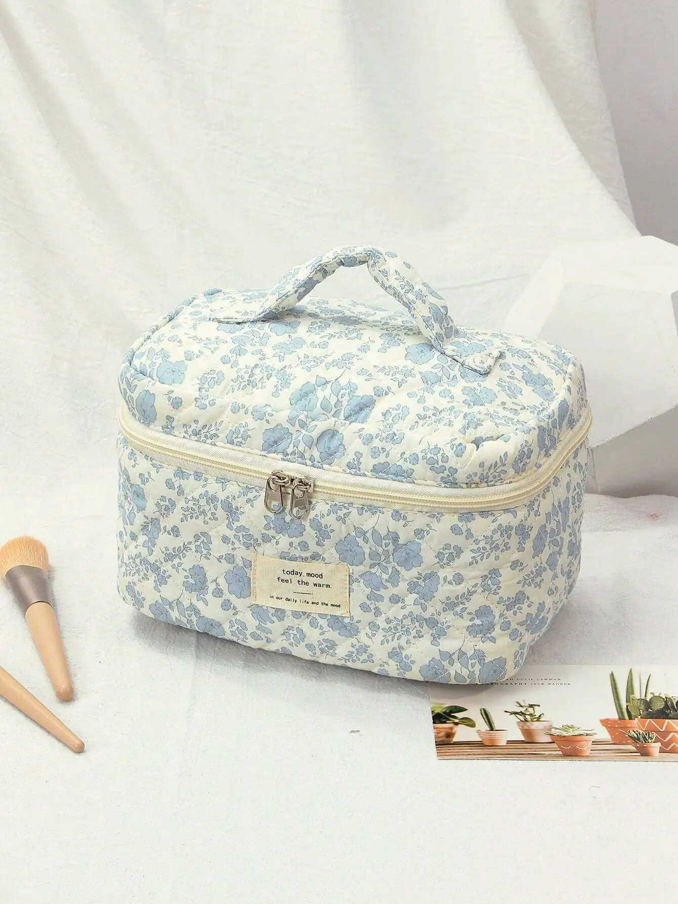 

One White-Lily & Small Floral Print Cosmetic Bag With Large Capacity & Seaming For Travel, New Year Gift, Valentine Gift