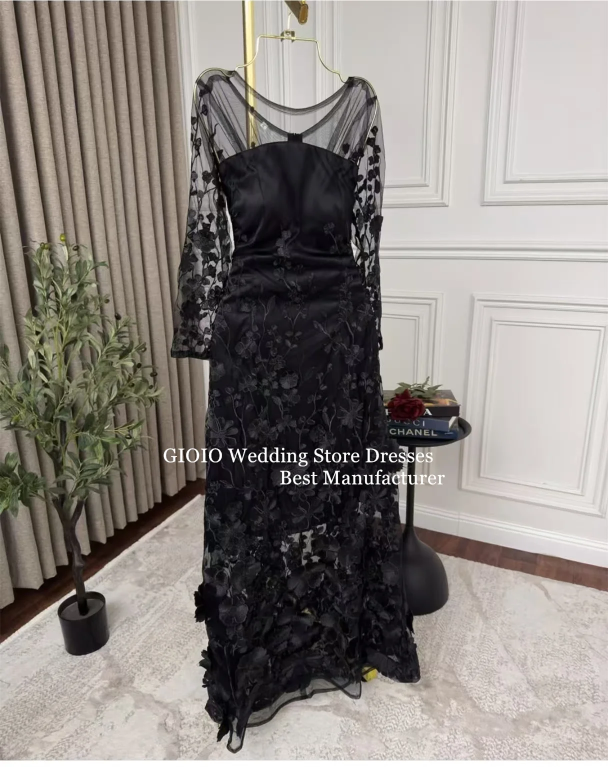 فستان سهرة GIOIO أنيق برقبة مربعة وأكمام طويلة من الساتان الشبكي ثلاثي الأبعاد مزين بالزهور على شكل حرف A بطول الأرض للحفلات حسب الطلب