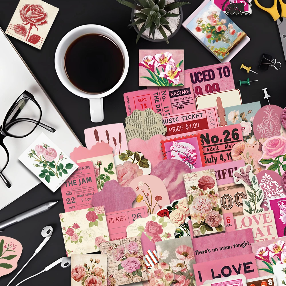 50PCS Rosa Retro Kunst Ästhetische Aufkleber Rose Rose Blume Liebe Klassische Dekoration Wasser Tasse Gitarre Laptop Aufkleber