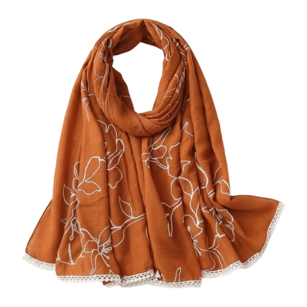 Literary Elegant Hijab Scarf Flower Embroidery Thin Sunscreen Shawl Plain Design Soft Hijab Shawls for Women