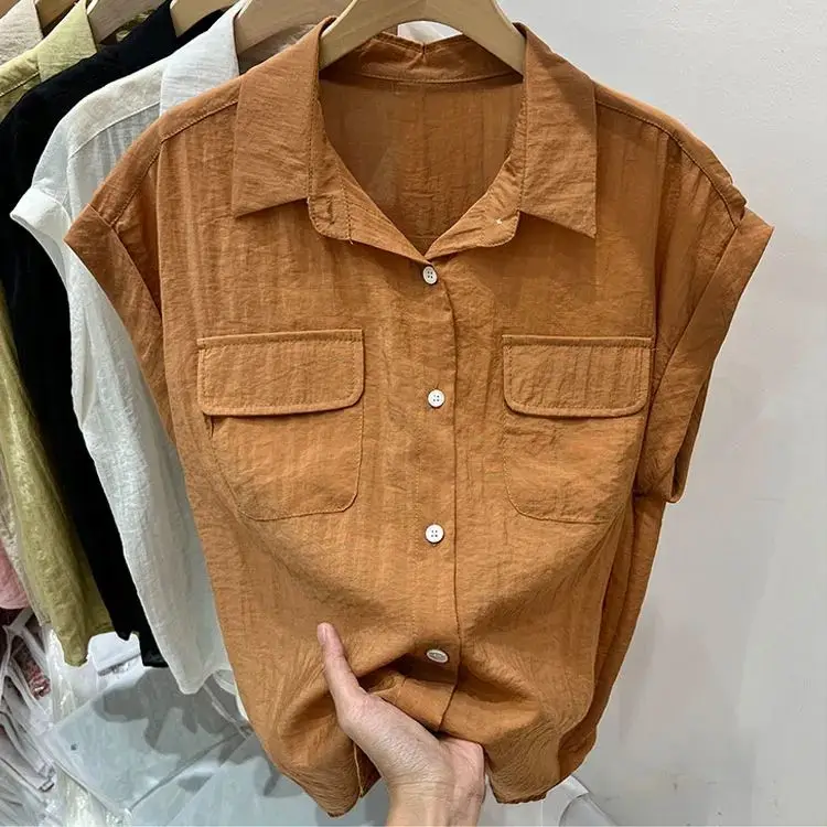 

Женский воротник-стойка из шифона, легкий летний новый дизайн, уникальный топ цвета хаки, свободный крой, обычный све, полиэстер...