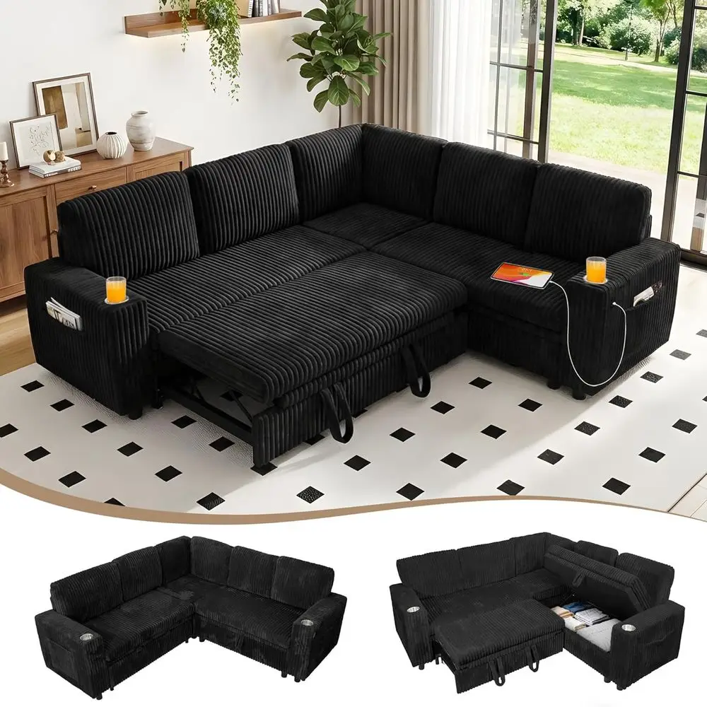

5-Seat L-Shaped Sleeper Sofa with Pull-Out Bed, Corduroy, Storage, USB Ports, Cup Holders, Black