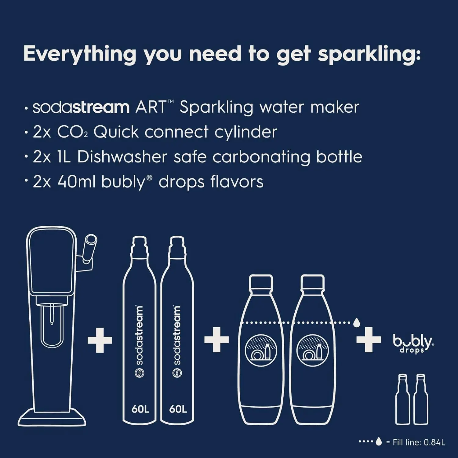 NEW Art Sparkling Water Maker Bundle (Black), with CO2, DWS Bottles, and Bubly Drops Flavors