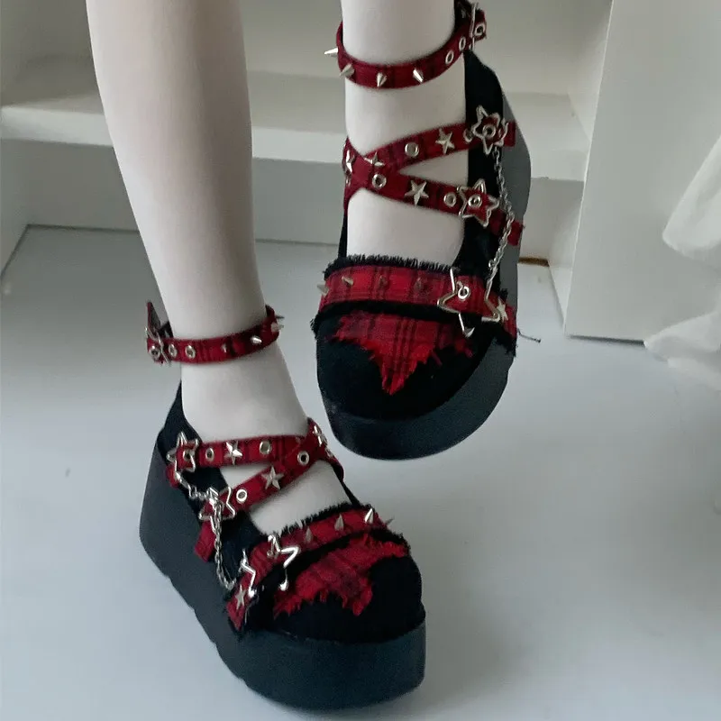 Y2K Platform Mary Janes Distressed Red Tartan Fabric Studded Spikes Hollow Star Buckle Chain Decor Chunky Sole Punk Shoes