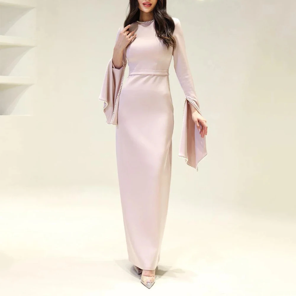 

Column Party Dress 2025 Pearls Long Sleeves O Neck Saudi Arabian Wedding Guest Gowns for Women Back Split Belt Evening Dresses